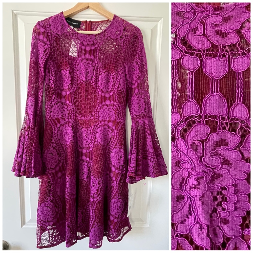 NWT Donna Morgan Retro Bell Sleeve Lace Fit and Flare Fuchsia Dress